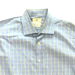 Hawes & Curtis 100% Cotton Blue White‎ Micro Houndstooth Yellow Plaid Sz 16.5 34
